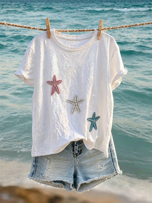 Women's Starfish on Glitter Beach Art Print short-sleeved T-shirt