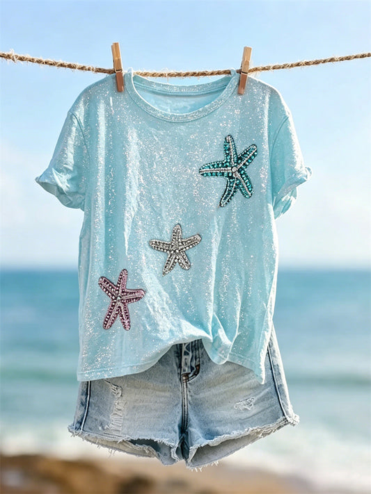 Women's Starfish & Shimmering Sea Inspired Print short-sleeved T-shirt