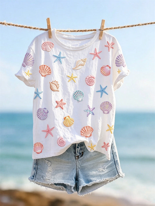 Women's Colorful Starfish Sea Shells Pattern Print short-sleeved T-shirt