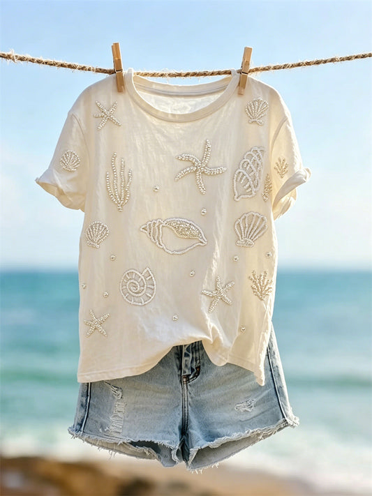 Women's Classy Starfish & Seashells Pearls Art Print short-sleeved T-shirt