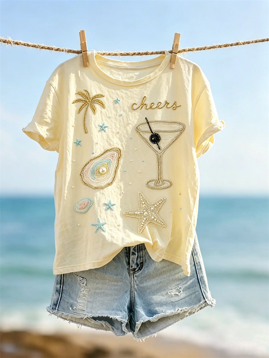 Women's Cheers Beach Vacation Inspired Print short-sleeved T-shirt