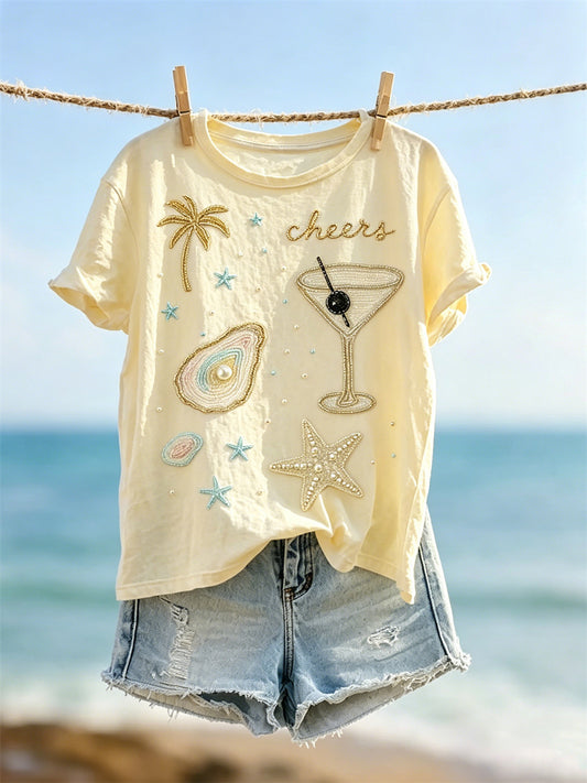 Women's Cheers Beach Vacation Inspired Print short-sleeved T-shirt