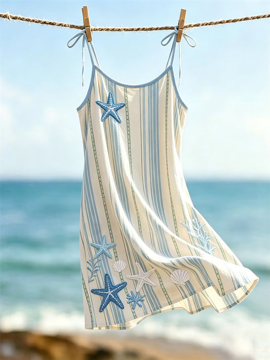 Women's Starfish Sea Shells Beach Striped Print Cami Mini dress