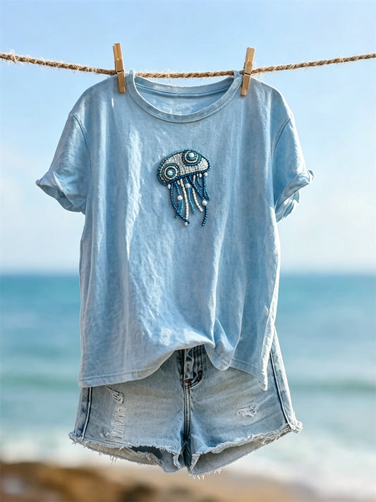 Women's Lovely Jellyfish Beaded Art Print Print short-sleeved T-shirt