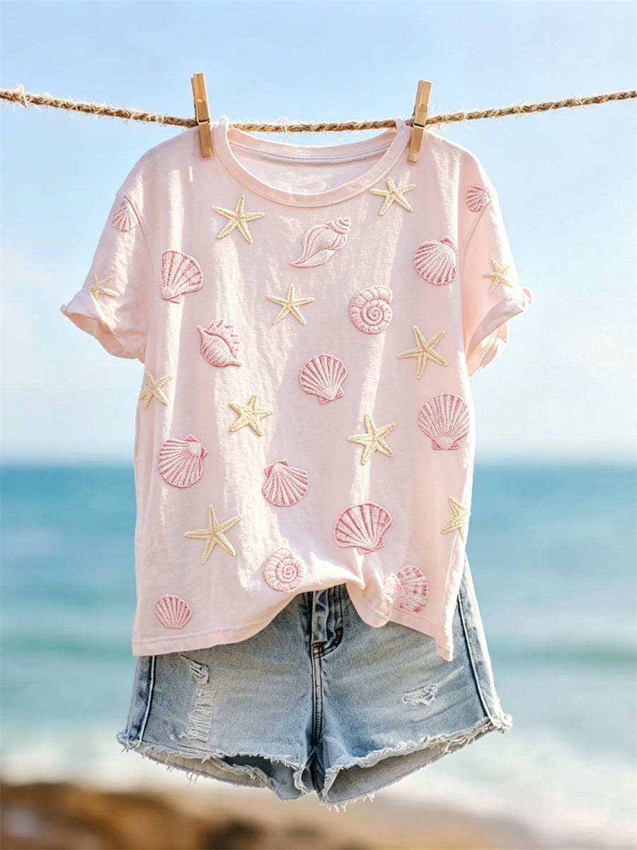 Women's Starfish & Sea Shells Pattern Print short-sleeved T-shirt