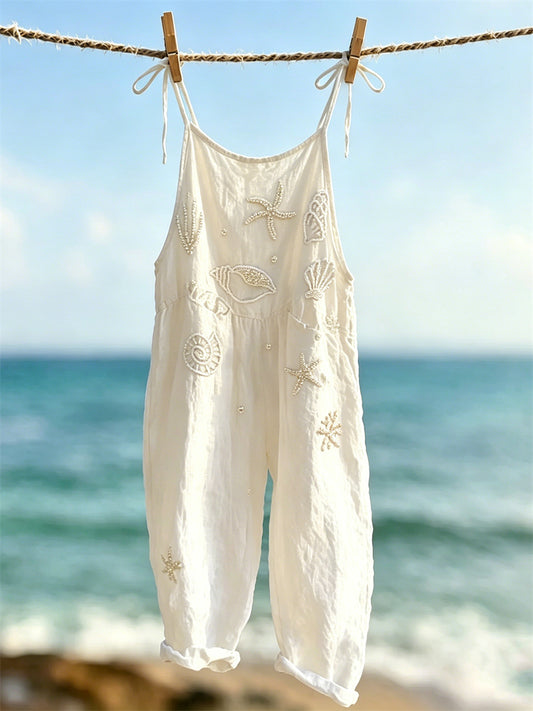 Women's Classy Starfish & Sea Shells Beaded Art Print Casual Jumpsuit