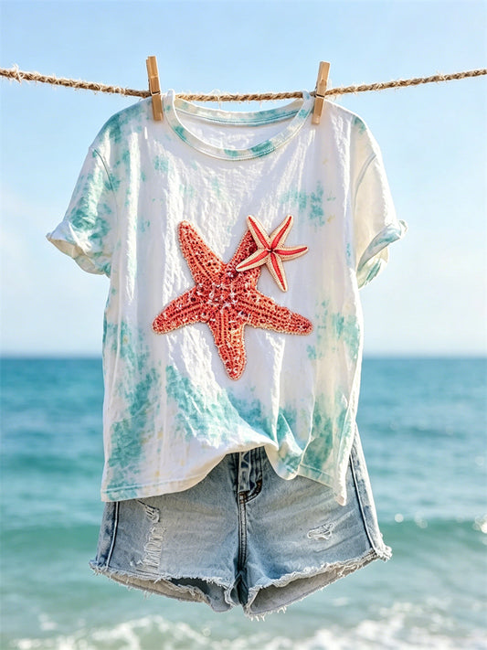 Women's Starfish Art Print Seaside Tie Dye short-sleeved T-shirt