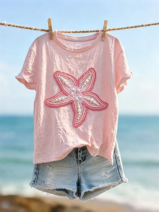 Women's Classy Starfish Pearls Art Print short-sleeved T-shirt