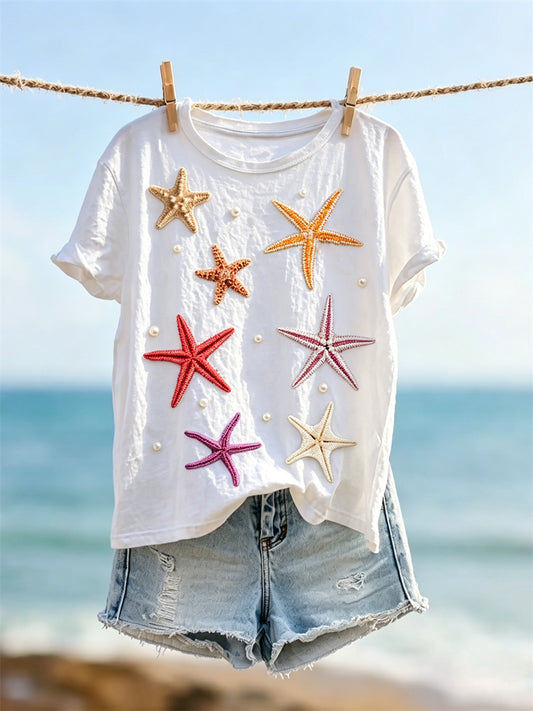 Women's Colorful Starfish Art Print short-sleeved T-shirt