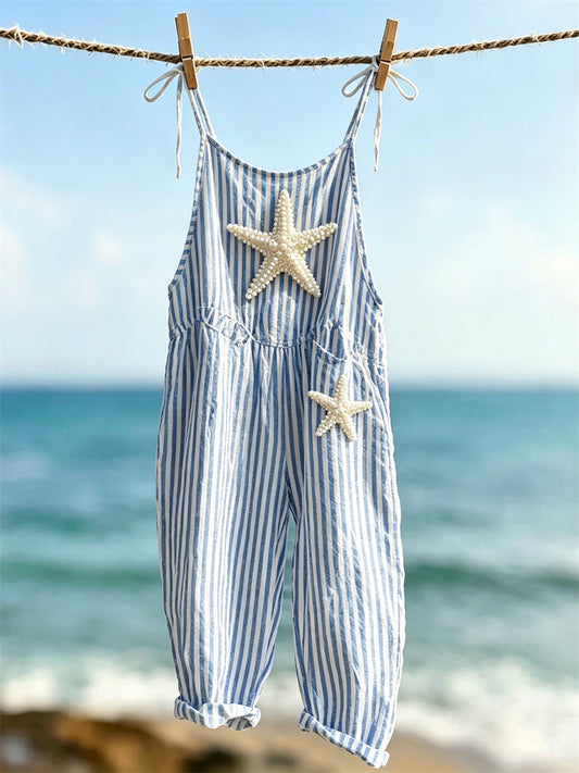 Women's Beach Starfish Print Striped Casual Jumpsuit