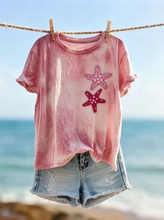 Women's Glitter Starfish Art Print Tie Dye short-sleeved T-shirt