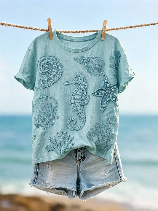 Women's Seahorse Starfish and Sea shells Coral Print short-sleeved T-shirt