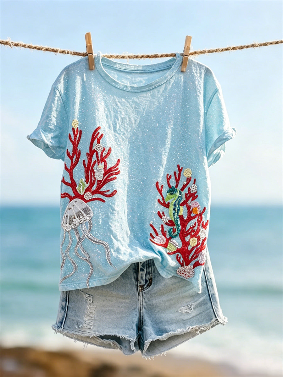 Women's Underwater Coral Jellyfish & Seahorse Print short-sleeved T-shirt
