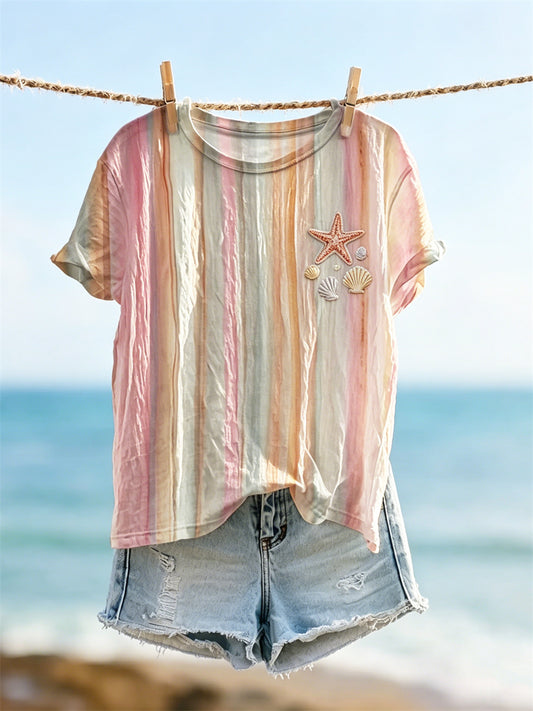 Women's Starfish & Sea Shell Beach Sunset Gradient Striped Print sshort-sleeved T-shirt