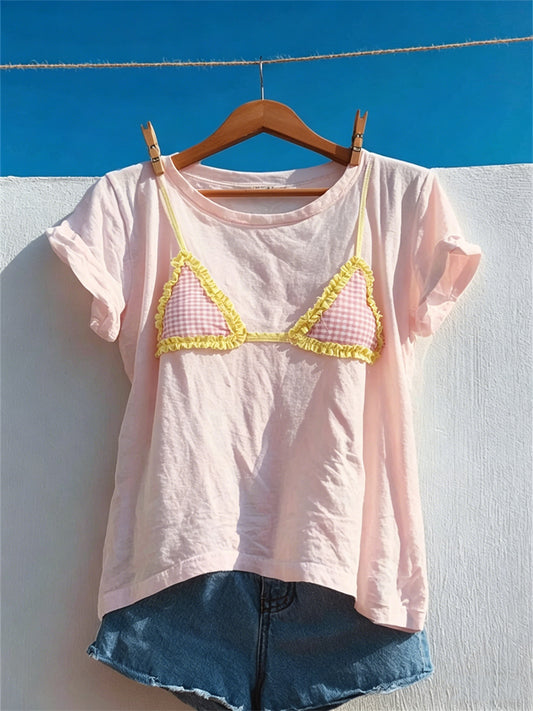 Women's Ruffle Trim Check Bikini Print short-sleeved T-shirt