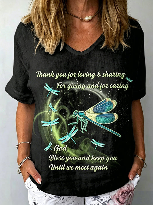Woman's Dragonfly Printed V-neck Short Sleeved Cotton And Linen T-shirt