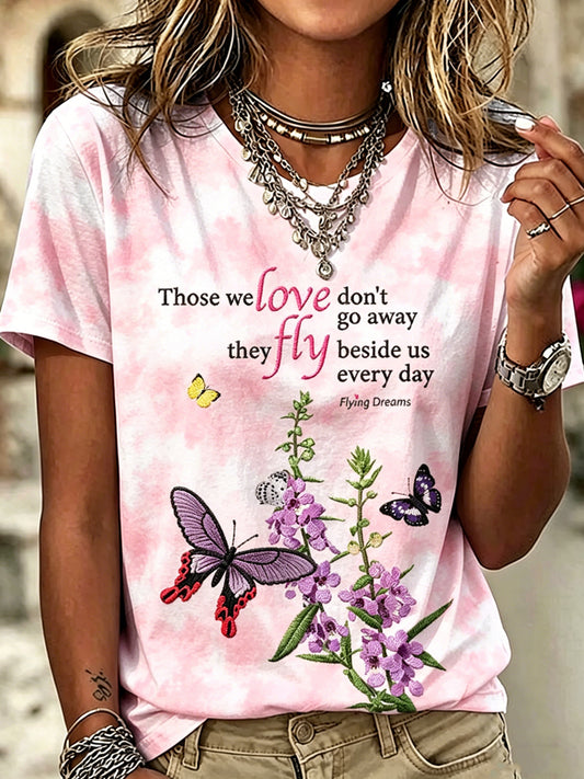 Woman's Butterfly Printed Vintage Fashion Loose Short Sleeve T-Shirt