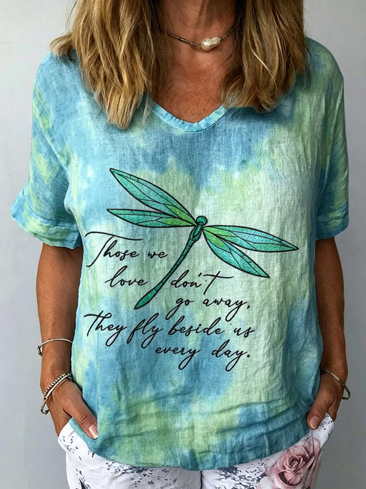 Woman's Dragonfly Printed V-neck Short Sleeved Cotton And Linen T-shirt