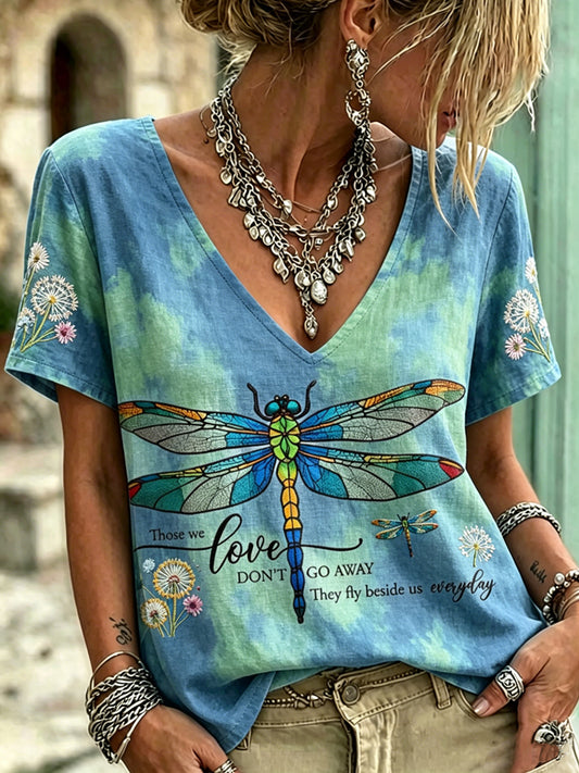 Woman's Dragonfly Printed Vintage Fashion Loose Short Sleeve T-Shirt
