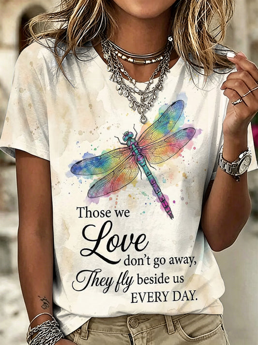 Woman's Dragonfly Printed Vintage Fashion Loose Short Sleeve T-Shirt