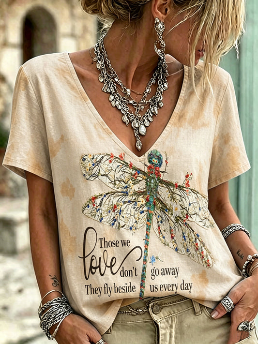 Woman's Dragonfly Printed Vintage Fashion Loose Short Sleeve T-Shirt