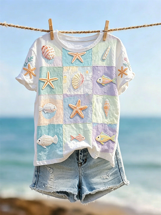 Women's Marine Life Colorblock Art Print short-sleeved T-shirt