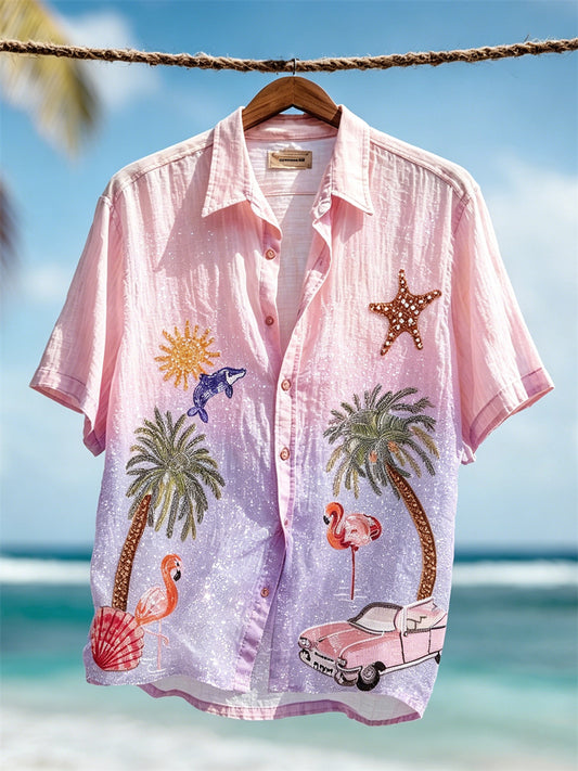 Men's Vacation Beach Elements Gradient Glitter Print Short Sleeve Shirt