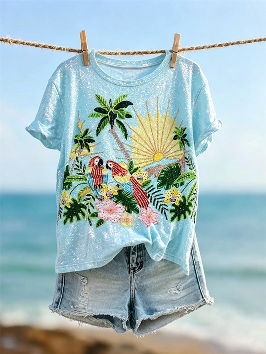 Women's Vacation Macaw Island Beach Glitter Art Print short-sleeved T-shirt