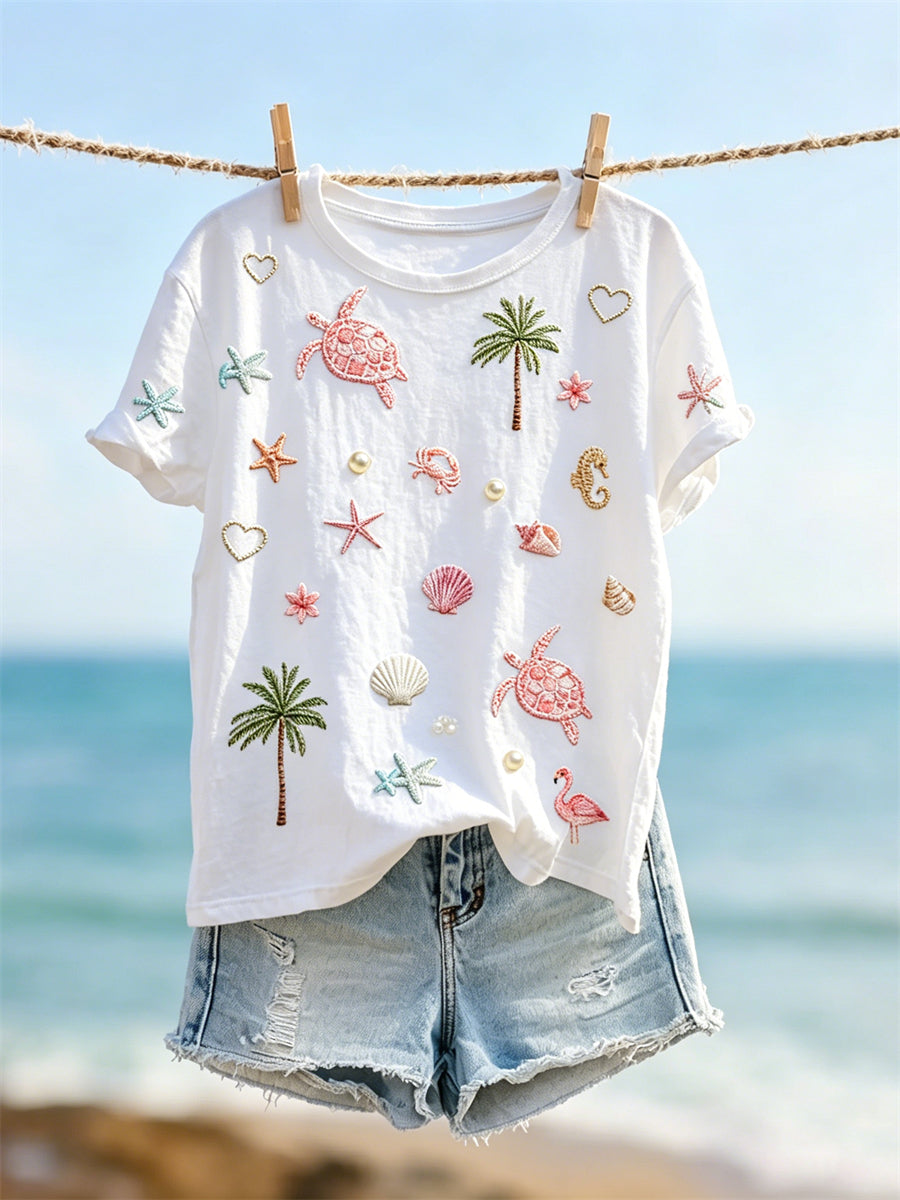 Women's Vacation Beach Elements Pattern Print short-sleeved T-shirt