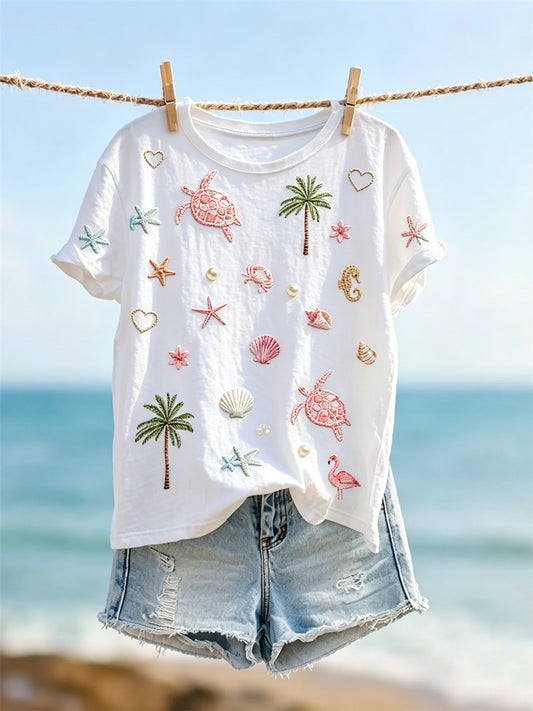 Women's Vacation Beach Elements Pattern Print short-sleeved T-shirt