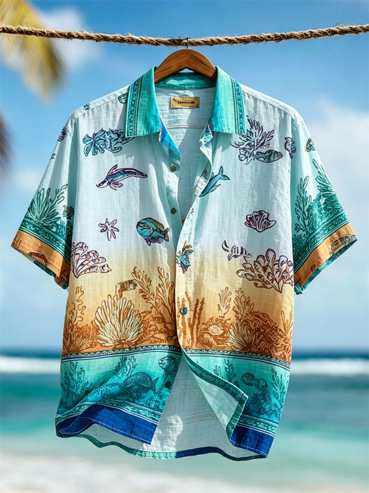 Men's Vacation Beach Underwater Marine Life Gradient Print Short Sleeve Shirt