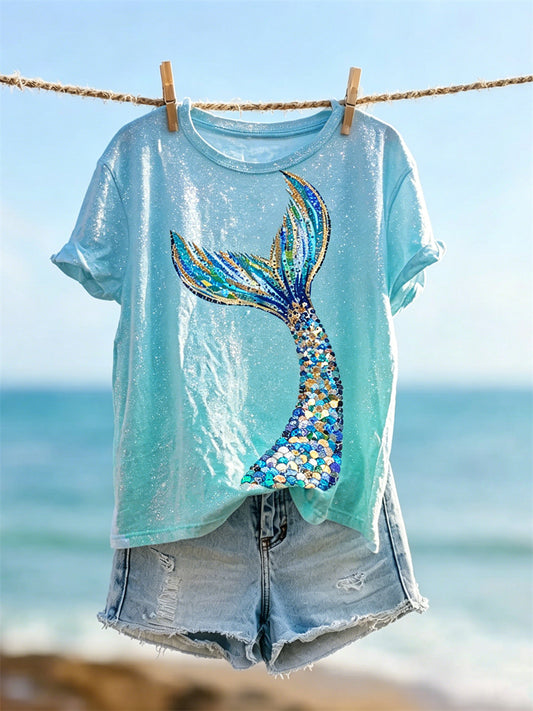 Women's Mermaid Tail Glitter Art Print Gradient short-sleeved T-shirt