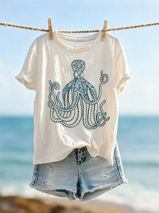Women's Octopus Beaded Art Print short-sleeved T-shirt
