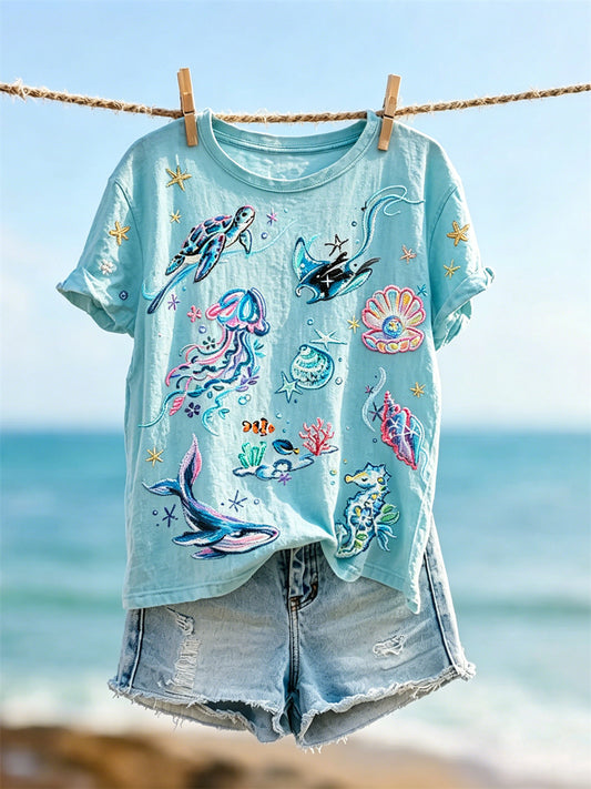 Women's Dreamy Lovely Marine Life Art Print short-sleeved T-shirt