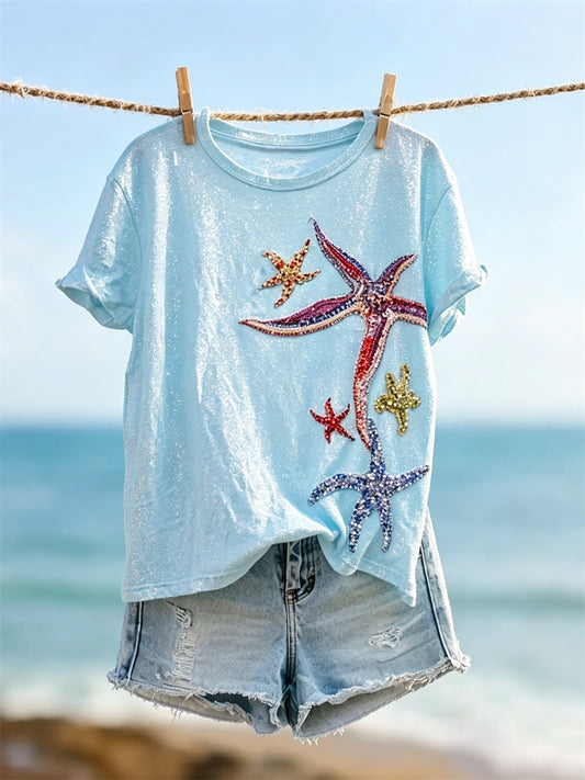 Women's Colorful Starfish Glitter Art Print short-sleeved T-shirt