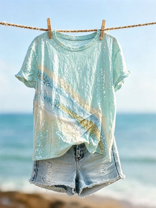 Women's Beach Seaside Glitter Art Print short-sleeved T-shirt