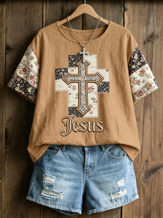 Women's Christian Floral Jesus Cross Linen Short Sleeves Top