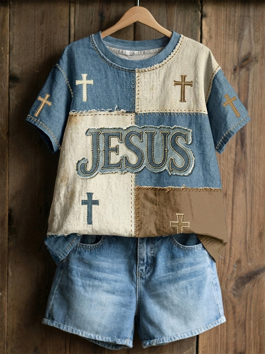 Women's Christian Jesus Cross Linen Short Sleeves Top