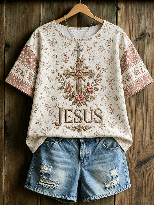 Women's Christian Floral Jesus Cross Linen Short Sleeves Top