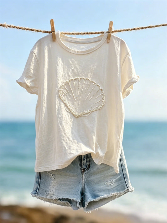 Women's Classy Sea Shell Beaded Art Print short-sleeved T-shirt