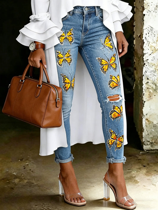 Women's Artistic Animal Floral Print Jeans