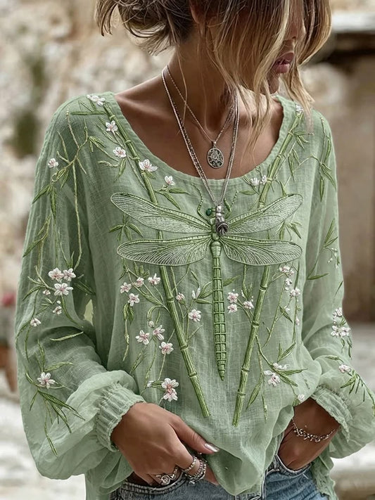 Women's Dragonfly Art Round Neck Long Sleeve Shirt