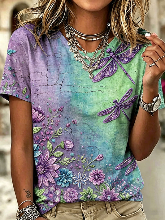 Women's Animal Dragonfly Printed Vintage Fashion Loose Short Sleeve T-Shirt