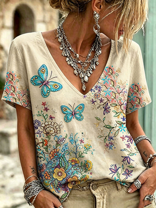 Women's Animal Butterfly Printed Vintage Fashion Loose Short Sleeve T-Shirt