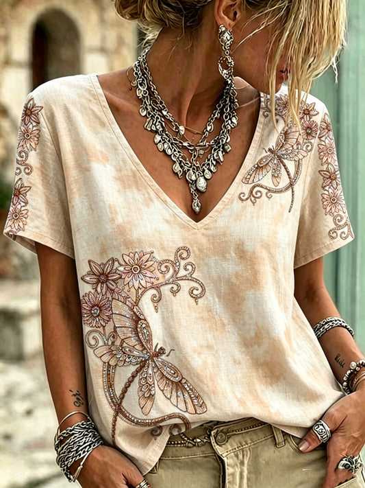 Women's Animal Dragonfly Printed Vintage Fashion Loose Short Sleeve T-Shirt