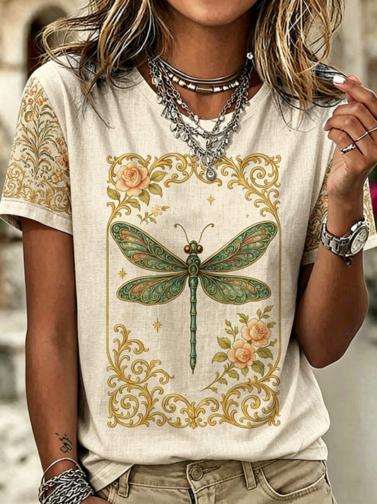 Women's Dragonfly Art Printed Vintage Fashion Loose Short Sleeve T-Shirt