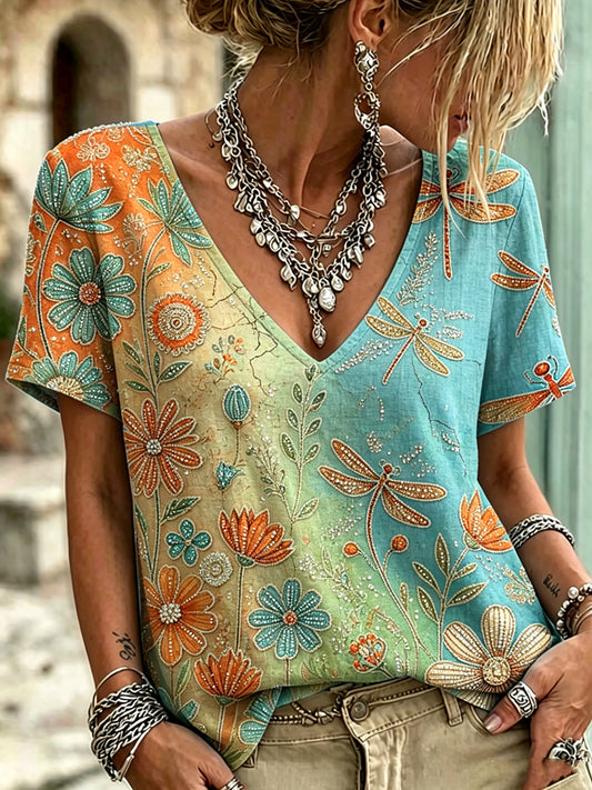Women's Animal Dragonfly Printed Vintage Fashion Loose Short Sleeve T-Shirt