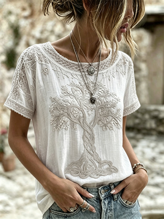 Women's Viking Tree of Life Celtic Art Print linen short-sleeved T-shirt
