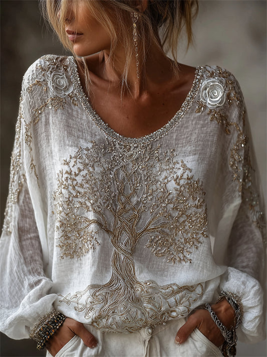 Women's Classy Celtic Viking Tree of Life & White Roses Print Cotton-Linen Shirt
