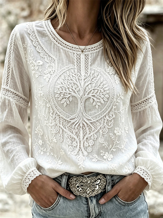 Women's Viking Tree of Life Classy Floral Print Cotton-Linen Shirt